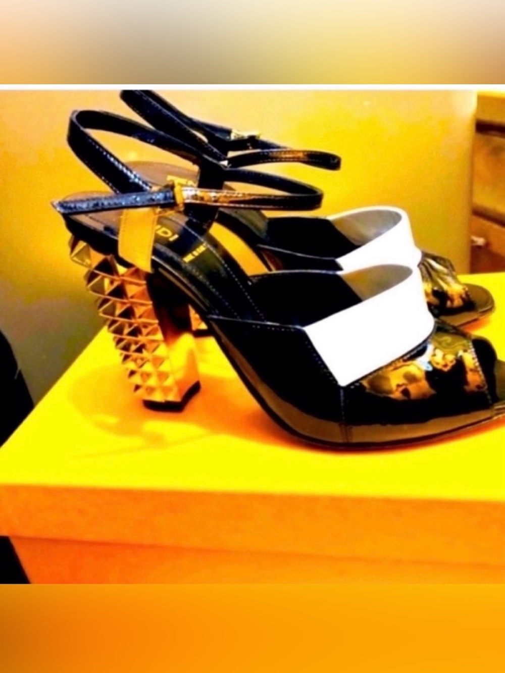 Fendi Black and White Patent Leather Heels with Gold Studded Block Heel